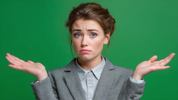 Giovane donna confusa in tailleur grigio che esprime incertezza con le mani alzate su sfondo verde, a rappresentare un senso di dubbio e domanda