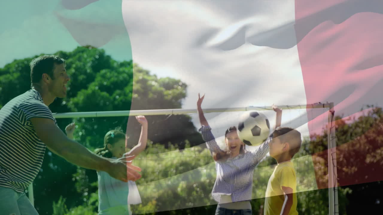 축구를 하는 카우카스족 가족 위에 있는 이탈리아 발의 애니메이션