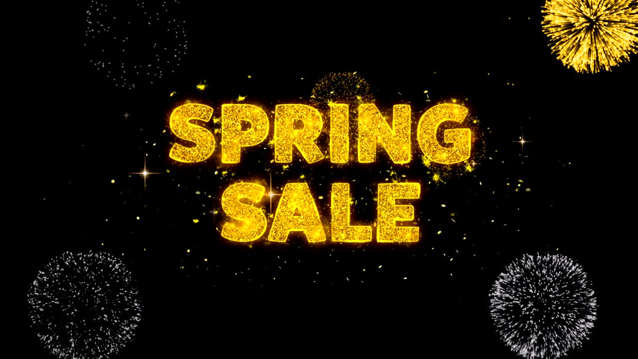 봄 판매 텍스트는 반이는 황금 입자 불꽃놀이에 나타납니다.