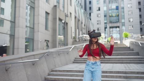 young woman experiencing virtual reality in the city