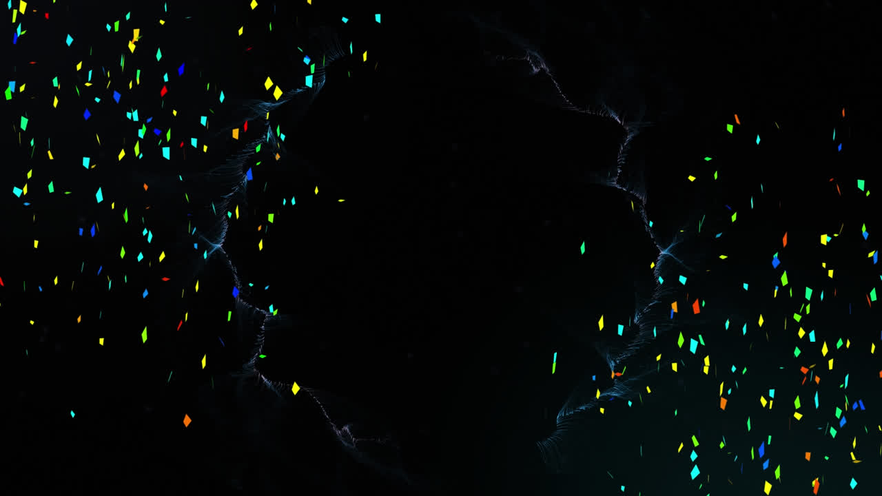 Animation of confetti falling over smoke trails moving on black background