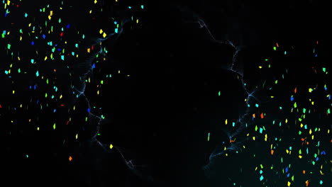 animation of confetti falling over smoke trails moving on black background