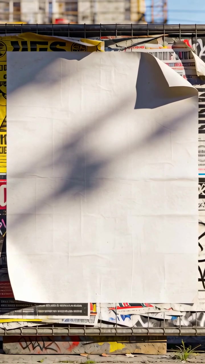 Video verticale: Inquadratura di un poster bianco su una recinzione, la telecamera si muove per mostrare un angolo arricciato, l'ombra che si sposta