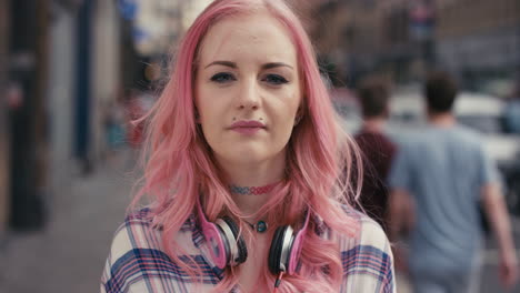 Slow-Motion-Portrait-of-caucasian-girl-with-pink-hair-in-city