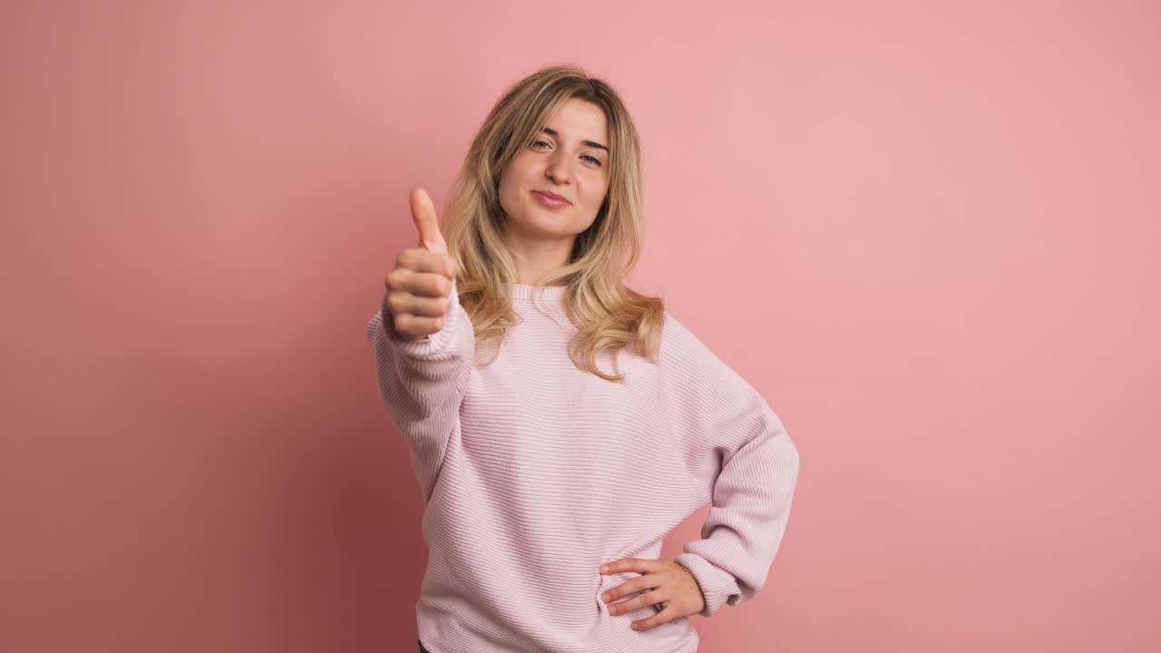 Confident woman gesturing agreement with thumb up