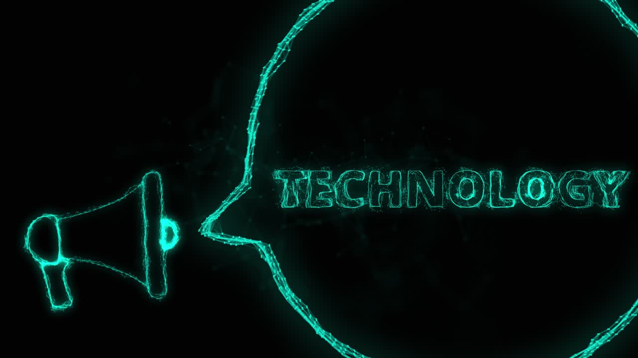 estandarte de megáfono con burbuja de habla y tecnología de texto. estilo plexus de puntos y líneas brillantes verdes