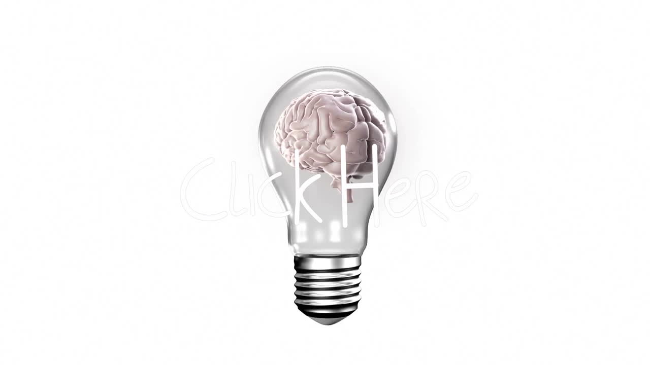 Animation of brain inside light bulb with Click Here text on white background