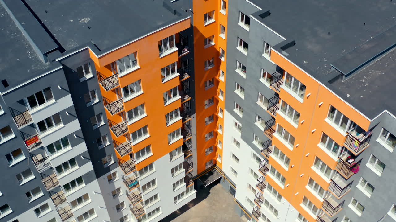 Stylish exterior architecture apartments. Town design construction building outdoor. Aerial view.