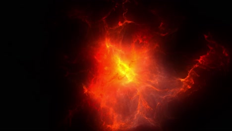 cgi animation of a dark glowing red-orange nebula or galaxy with bright center in the middle floating in outer deep interstellar space universe with black background