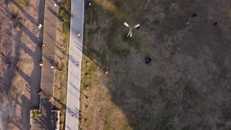 Toma-Aérea-De-Arriba-Hacia-Abajo-De-Un-Ciclista-En-Bicicleta-En-El-Camino-A-Lo-Largo-Del-área-Del-Parque-Costero-En-Vicente-López-Durante-La-Puesta-De-Sol---Buenos-Aires,-Argentina