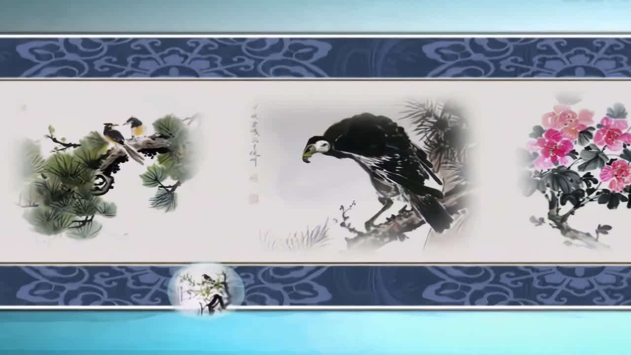 중국의 전통적인 동양 디지털 예술 애니메이션, 중국 레트로 페인팅 잉크, 꽃, 나무, 새, 흐린 강과 함께 안개 산