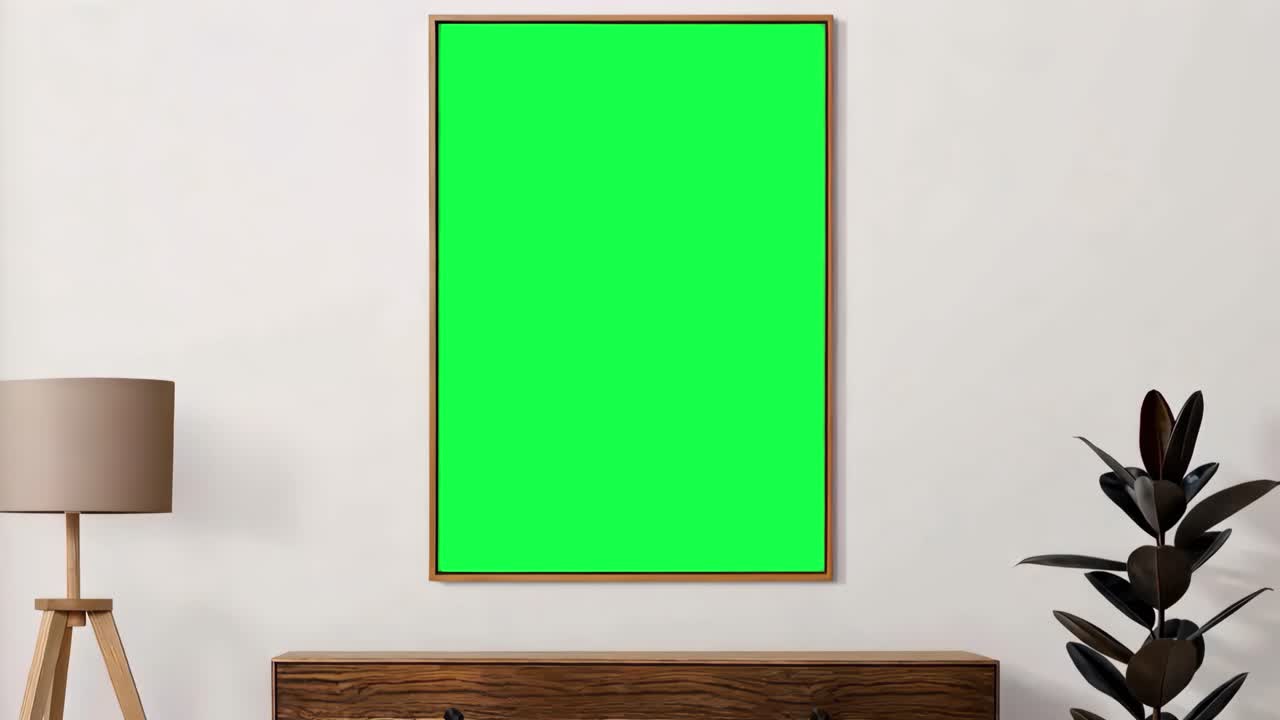 Animace živého mockupu rámečku na obrazy na zdi, transparentní video 4K, zelené pozadí
