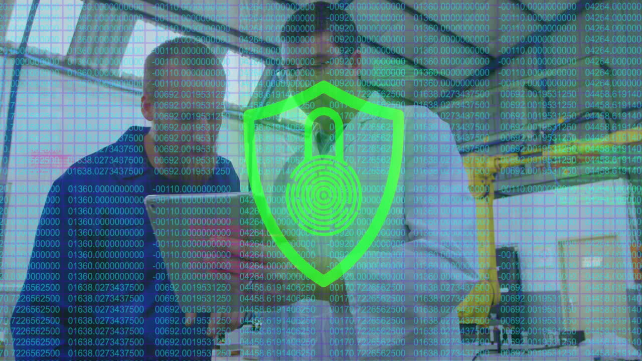 animación del icono del candado de seguridad sobre dos diversos discutiendo sobre la tableta digital y estrechándose la mano