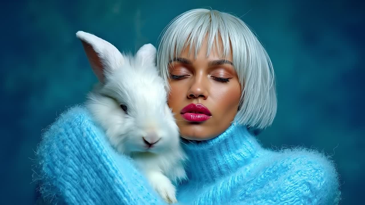 A woman in a blue sweater holding a white rabbit