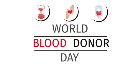 animación del texto del día mundial del donante de sangre, reloj de arena, manos y logotipos de bolsas de sangre, sobre fondo blanco