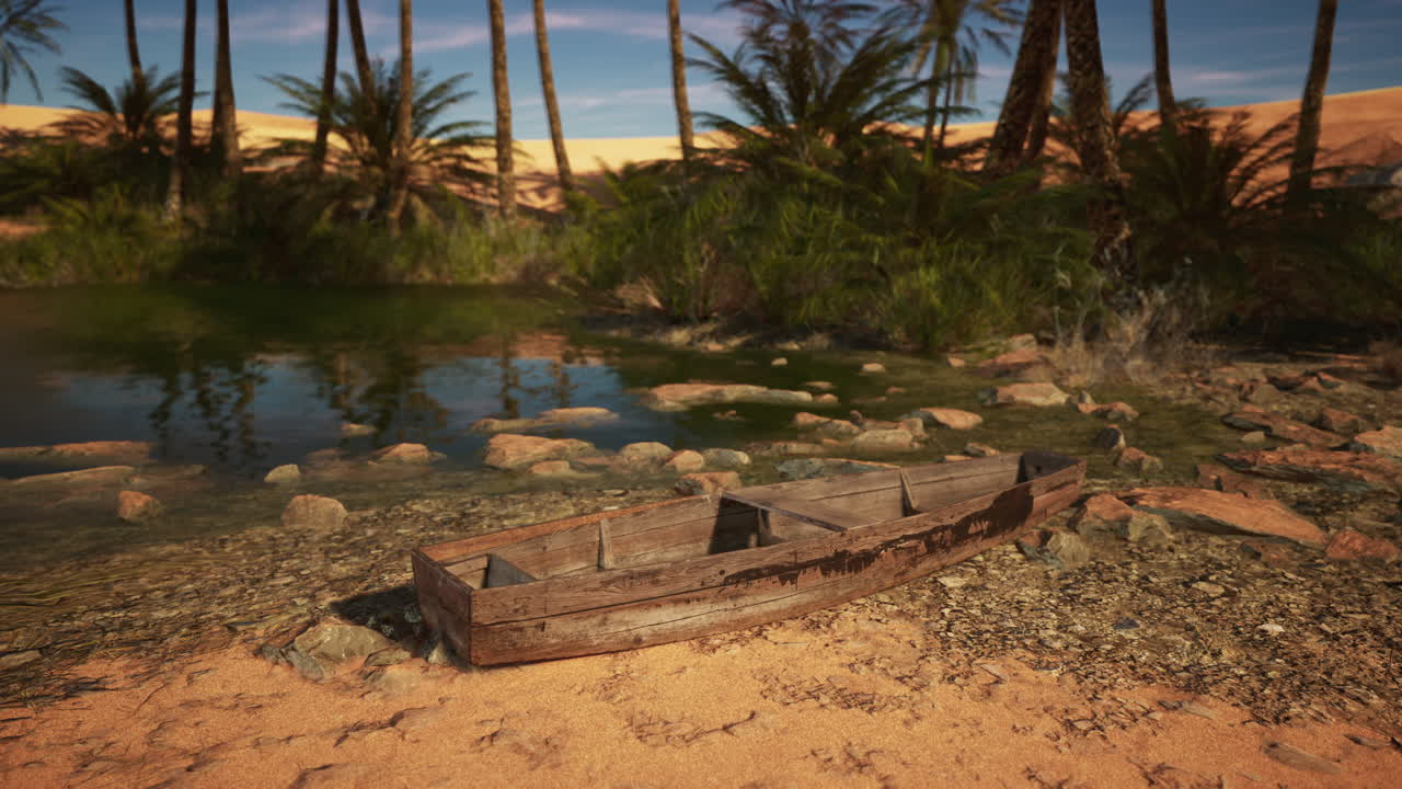 un barco de madera en la orilla de un pequeño oasis en el desierto