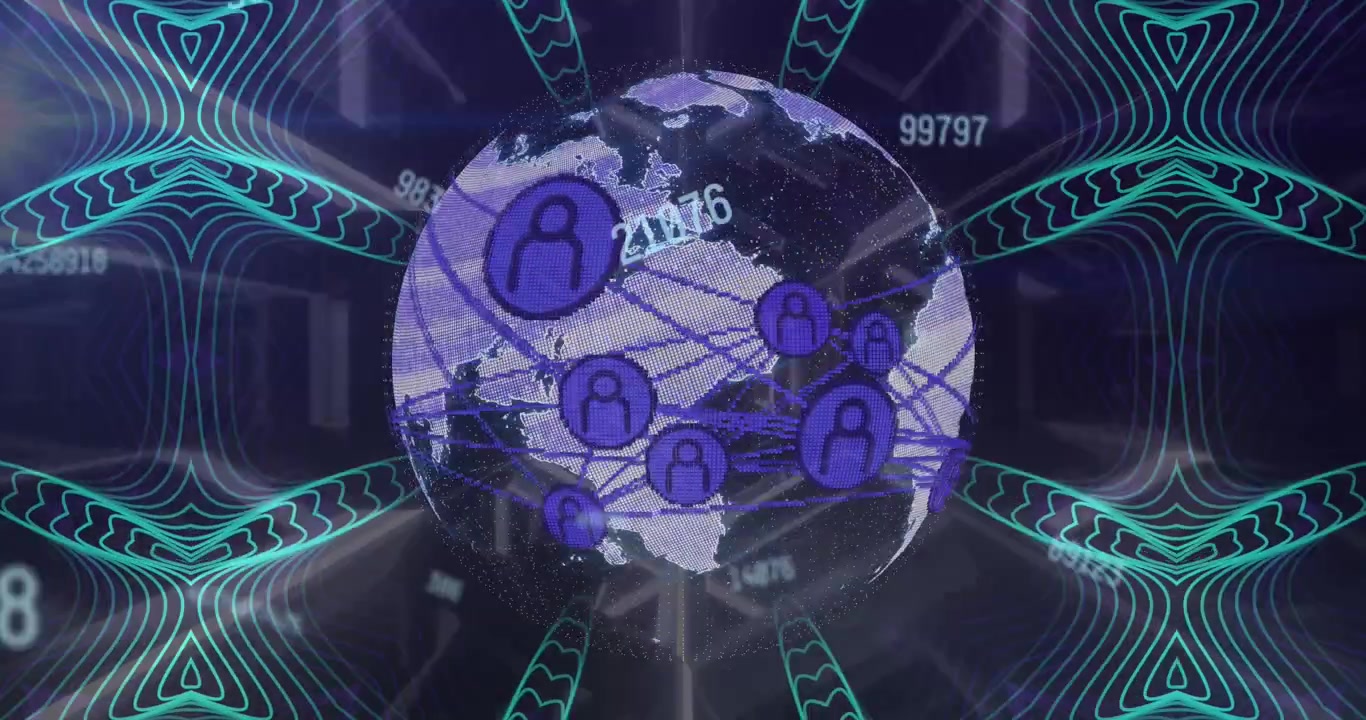Animation af skiftende tal over en globus med et netværk af profilikoner og kalejdoskopiske strukturer