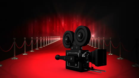 movie film camera with flashing lights and red carpet