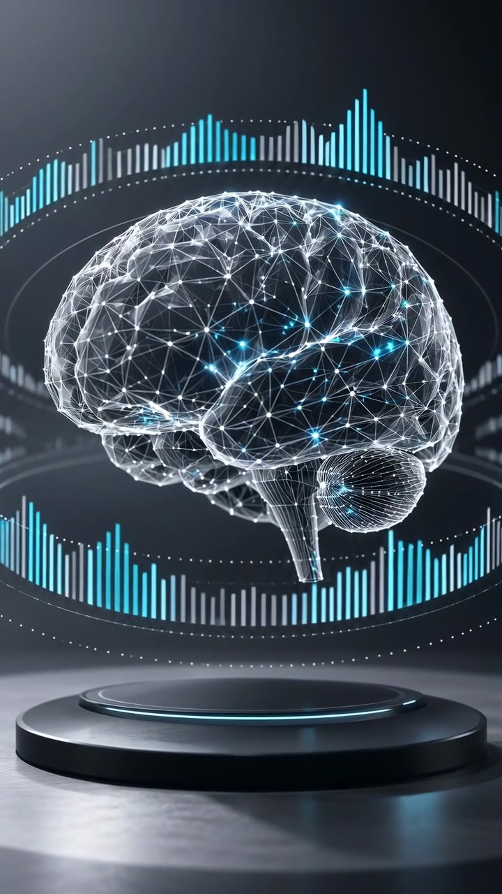 Transparent brain mesh remains centered above dark round pedestal as surrounding equalizer columns change height and bright cyan points flicker across connected geometric lines.