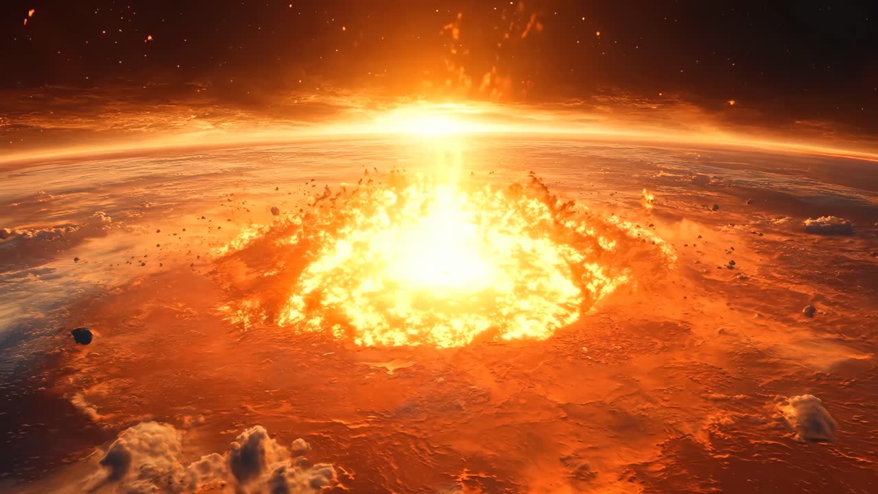 A fiery explosion is depicted in the sky, with the sun shining brightly in the background. The scene is intense and dramatic, with the fire and smoke filling the sky. Scene is one of chaos