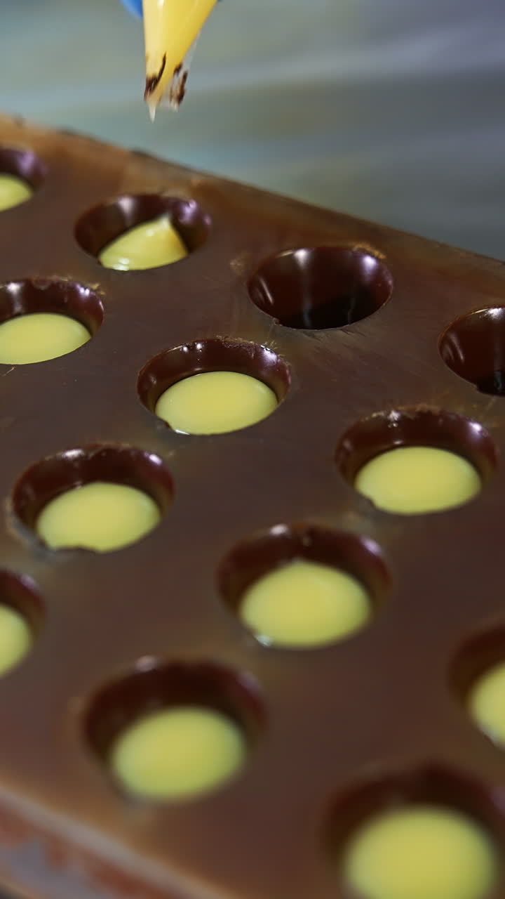 Hand in gloves squeezes white creamy filling from a pastry bag into the molds. Handmade manufacturing of chocolate sweets. Vertical video
