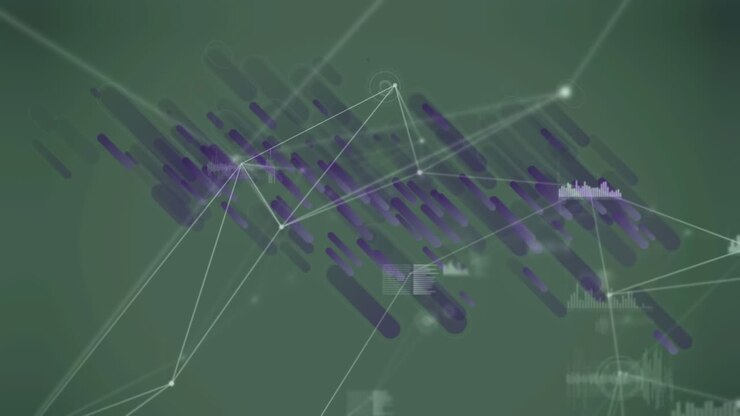 Animazione di una rete di connessioni e di elaborazione dati su sfondo nero.