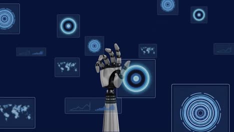 Animation-of-robotic-arm-over-data-processing-on-black-background