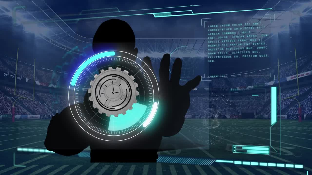 Animation of clock, scope scanning and data processing over man's silhouette and sports stadium
