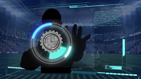 animation of clock, scope scanning and data processing over man's silhouette and sports stadium