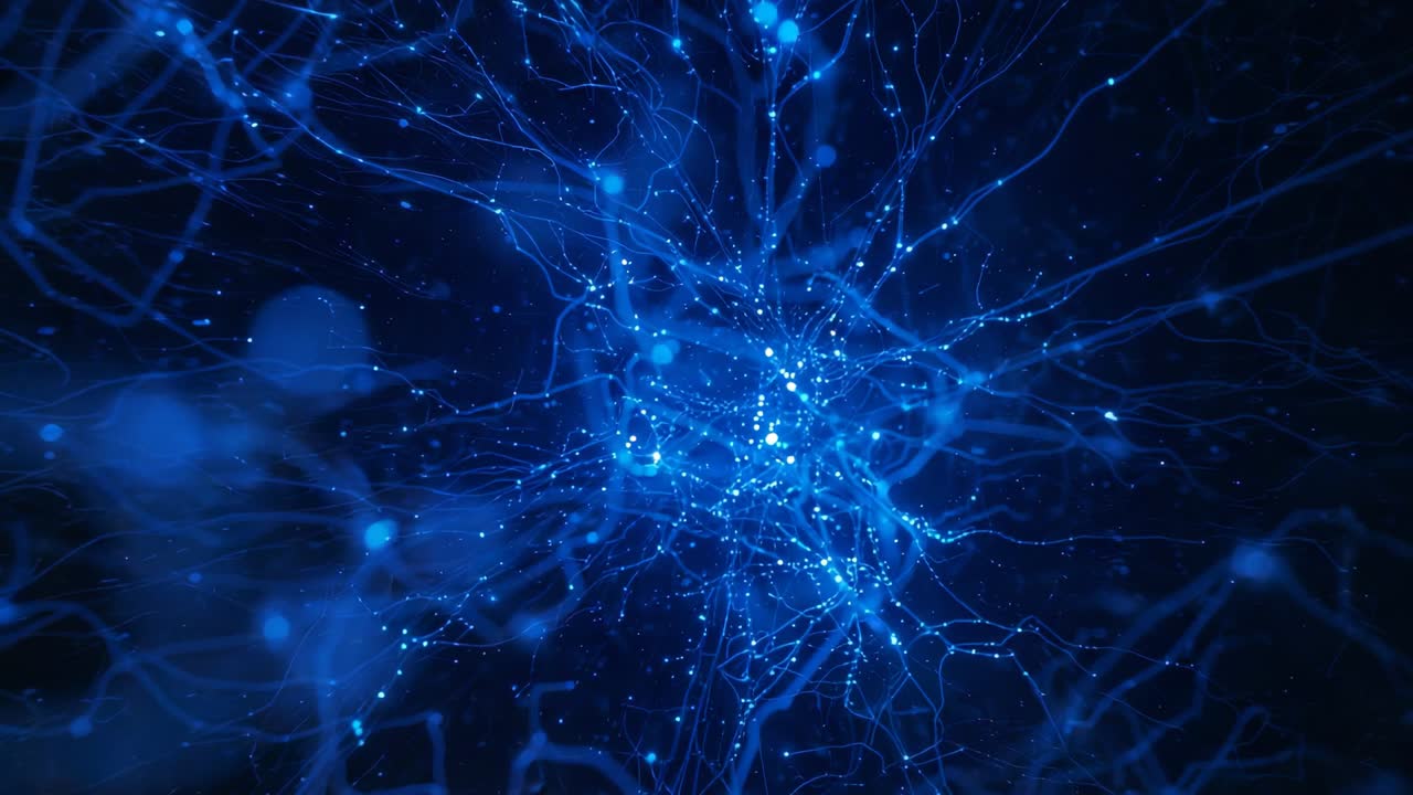 On start network pulsing and expanding in space, with glowing nodes and filaments showing data flow