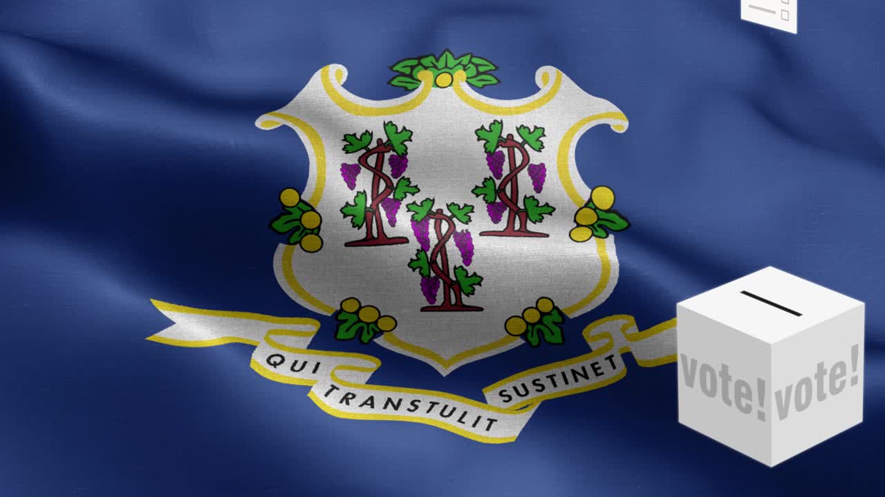 State of Connecticut - Ballots fly to box for Connecticut selection - Ballot box in front of flag - Election - National flag Connecticut State wave Pattern loopable Elements - Fabric texture and endless loop - Connecticut State Loopable Flag