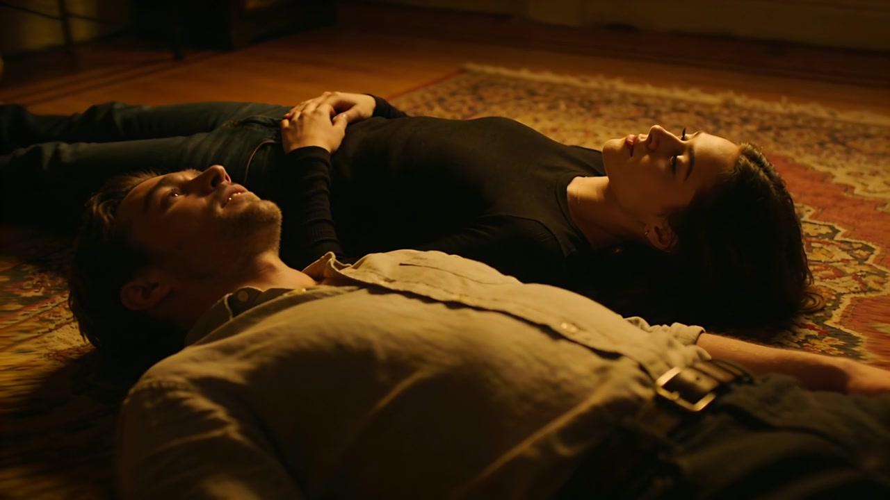Recording two adults resting on patterned rug at home breathing slowly, wearing button-up and jeans