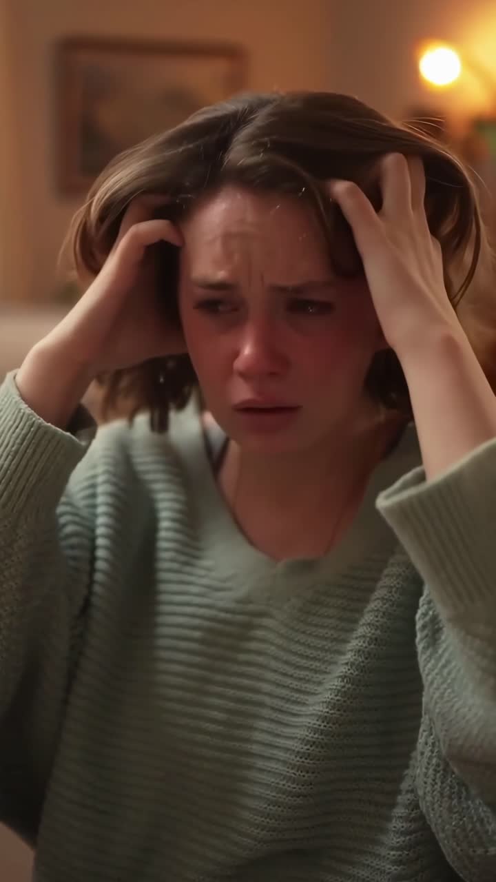 Close-up video shot of a distressed woman holding her head, capturing intense emotion