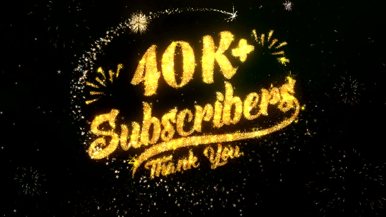 40k 가입자 인사 및 소원 카드는 반이는 입자 및 반이는 빛이 어두운 밤 하늘과 다채로운 불꽃놀이 4k 배경으로 만들어졌습니다.