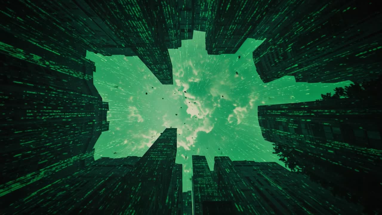A Surreal Perspective of Skyscrapers with a Green-Coded Skyline and Clouds, Capturing the Intriguing Contrast Between Urban Architecture and Nature