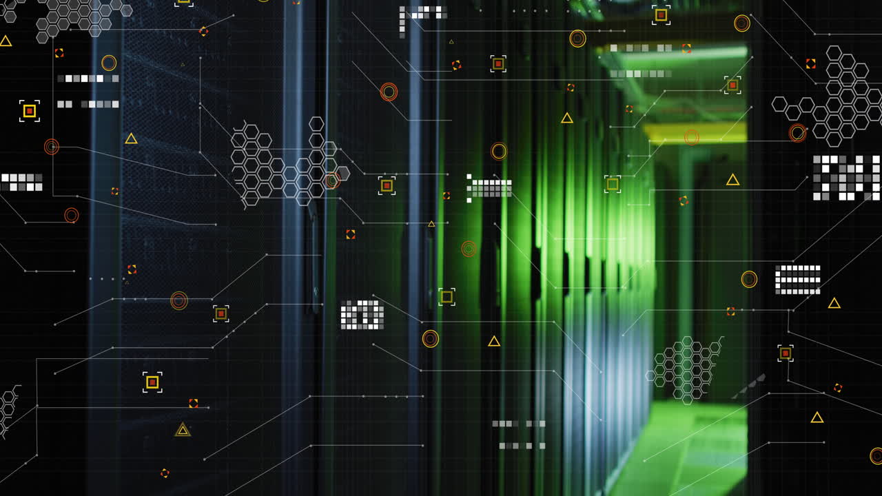 Animation of geometric shapes and patterns with circuit board pattern over illuminated server room