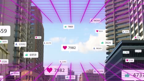 animation of social media notifications with pink grid over blue sky and city buildings