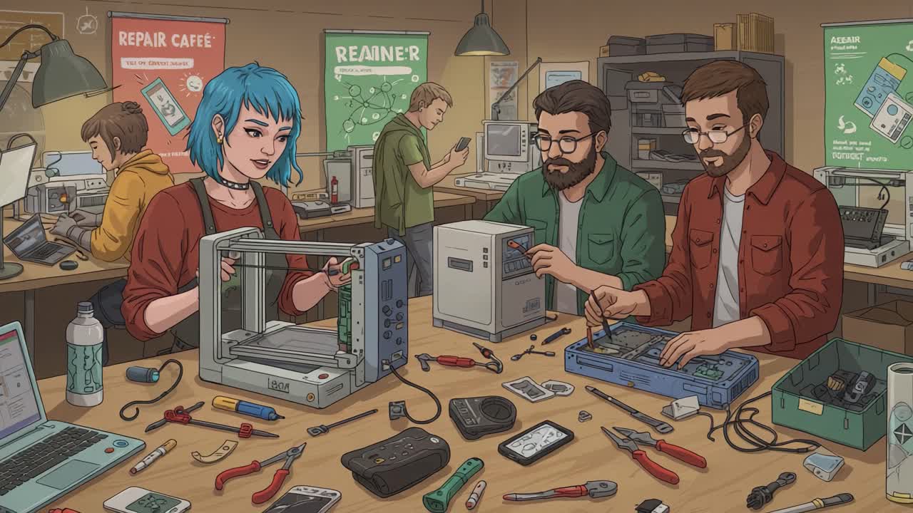 Inside a Vibrant Community Repair Café: Enthusiastic Individuals Collaborate on Electronics, Embracing Sustainability and DIY Solutions in a Hands-On Environment