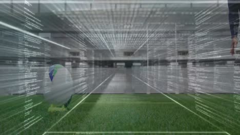 animation of data processing over rugby players at stadium
