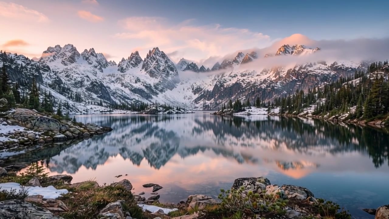 Luce dell'alba che si sposta su un panorama montano-lacustre, mostrando cime innevate e nuvole alla deriva.