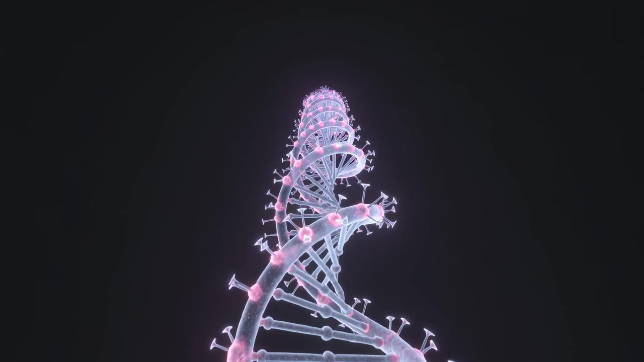 Rotierende DNA-Doppelhelix, während die Kamera aufsteigt, um eine Krone in einem dunklen Studio zu zeigen, mit Knoten, Sprossen und T-Formen.