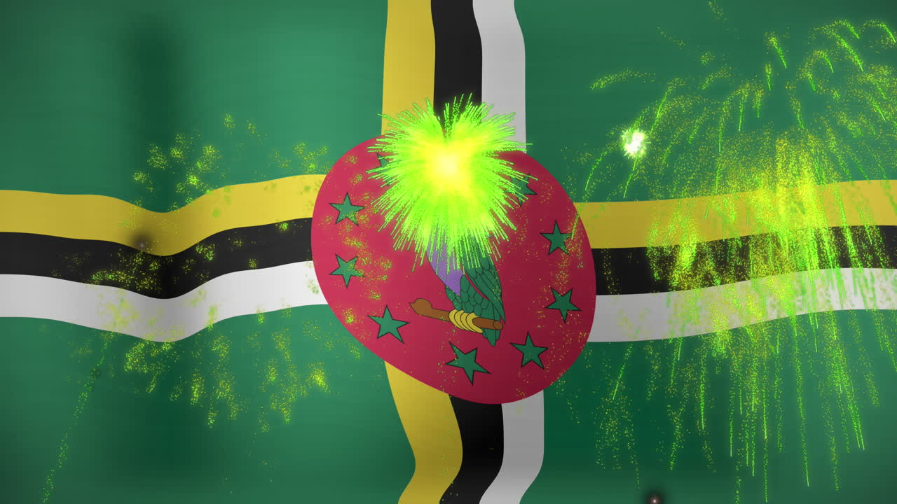 animación de fuegos artificiales sobre la bandera de dominica