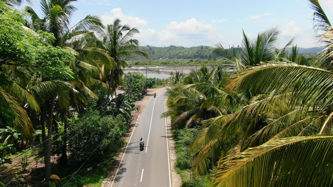 vista aérea toma en movimiento lento, motocicletas pasando por la carretera sur de lombok, vista panorámica de palmeras y campos de arroz en el fondo