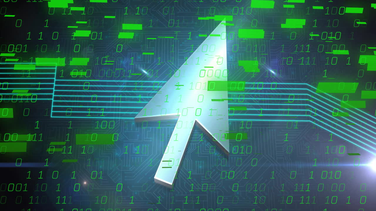 Animation of digital arrow with binary code on circuit board, showing technology