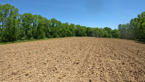 Looping-Video-Eines-Kürzlich-Bepflanzten-Feldes,-Das-An-Einem-Sonnigen-Frühlingstag-Im-Mittleren-Westen-Von-Bäumen-Umgeben-Ist