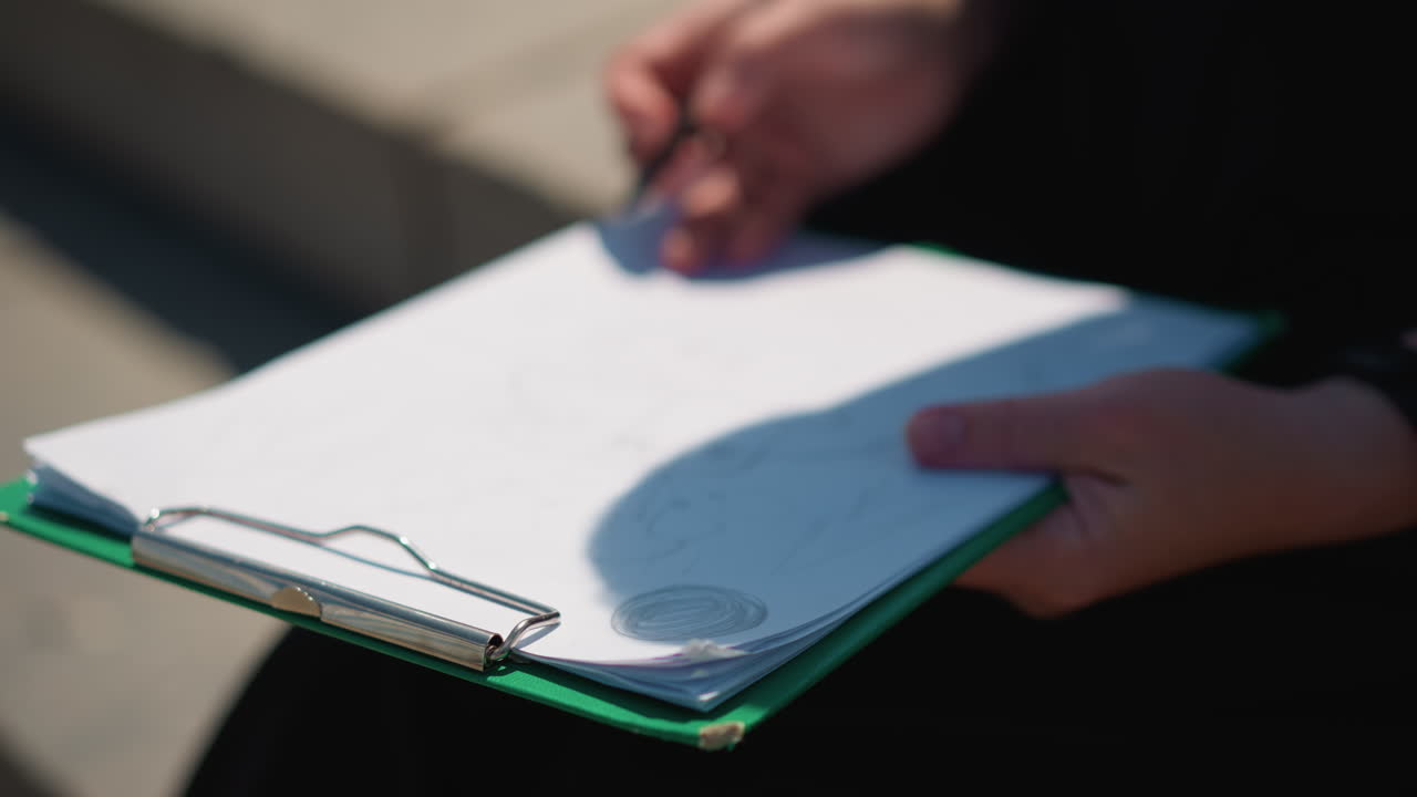 Close up of woman sketching with pencil on clipboard under sunlight, soft shadows over paper with pencil lines forming gentle shapes, capturing artistic concentration, creativity
