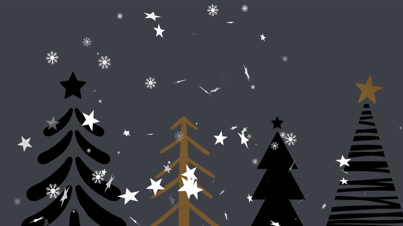 animación de estrellas de navidad cayendo sobre el bosque sobre un fondo gris