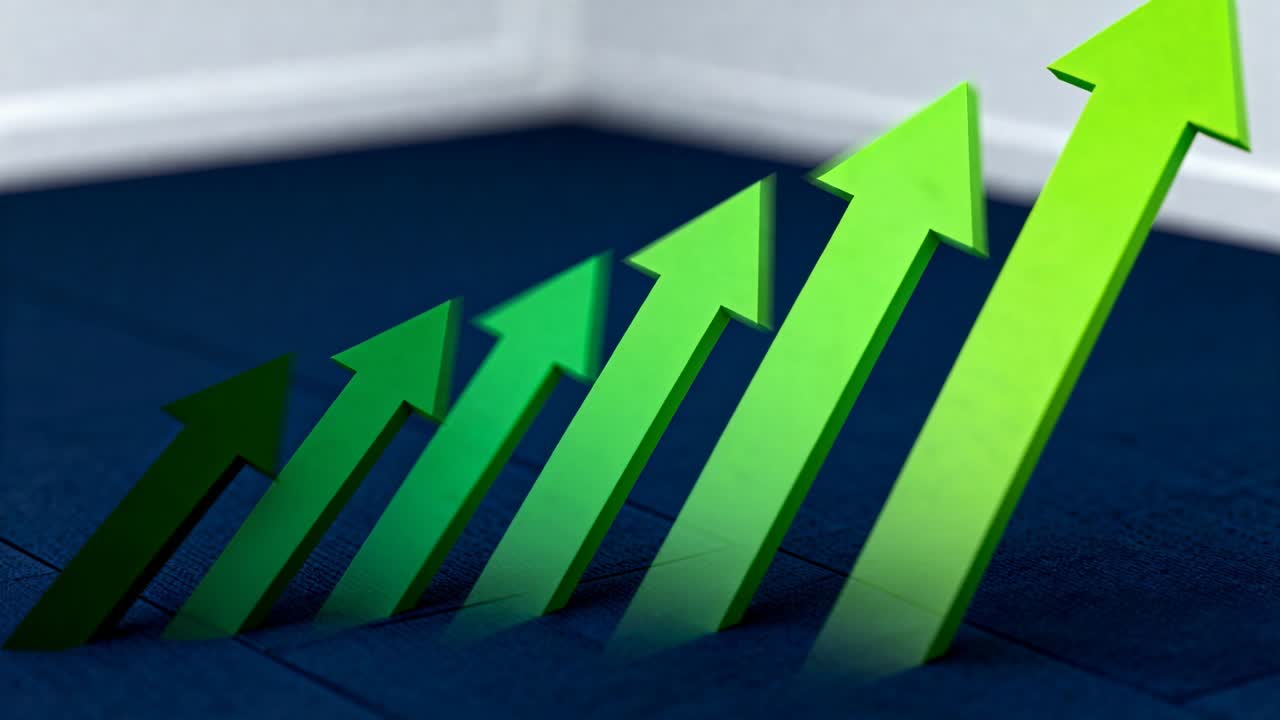 Animation starting seven green arrows growing brighter and rising in room corner, showing growth