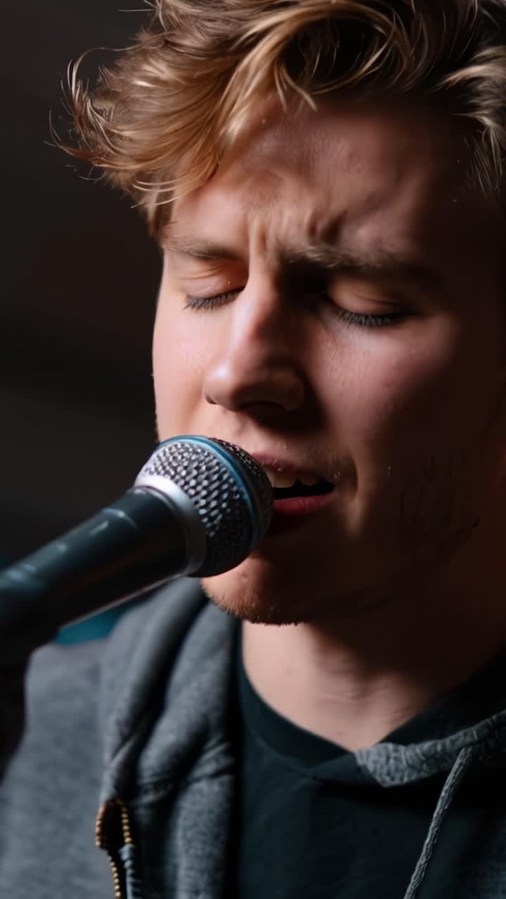 Esibizione espressiva: un giovane artista cattura il pubblico con il suo canto ricco di emozione mentre interagisce con il microfono durante un'intima sessione musicale.