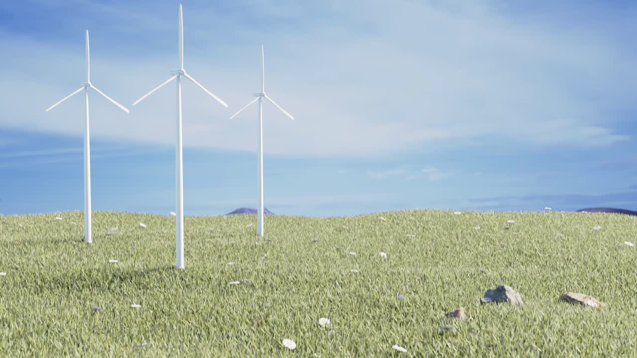 그린 필드의 푸른 하늘을 배경으로 회전하는 풍력 터빈의 3d 애니메이션